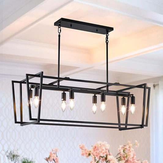 8-Light Dining Room Light Fixture, Farmhouse Pendant Lights Kitchen Island, Rustic Black Chandeliers for Dining Room, Rectangle Hanging Light Fixtures Over Table