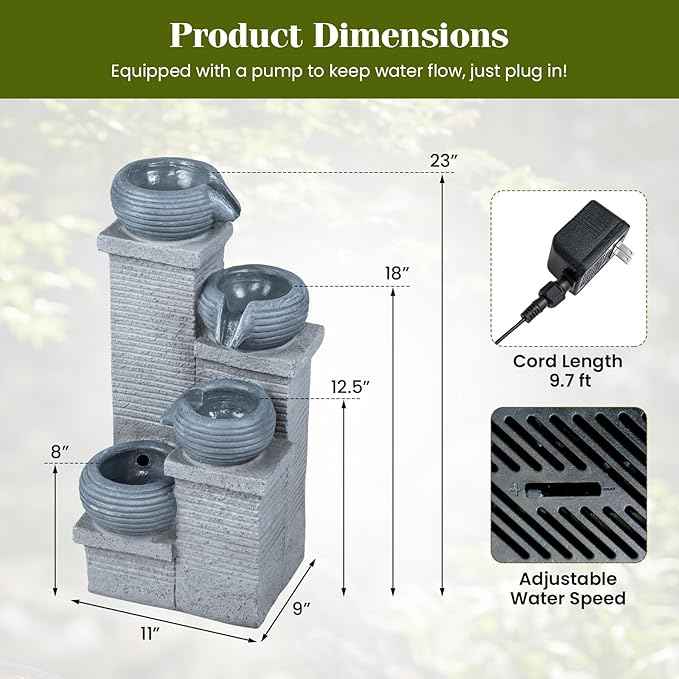 Giantex 4-Tier Water Fountain Outdoor, 23 Inch Cascading Bowls Waterfall Fountain with Warm LED Lights & Pump, Outside Zen Water Feature for Patio, Balcony, Deck, Garden, Yard Decor