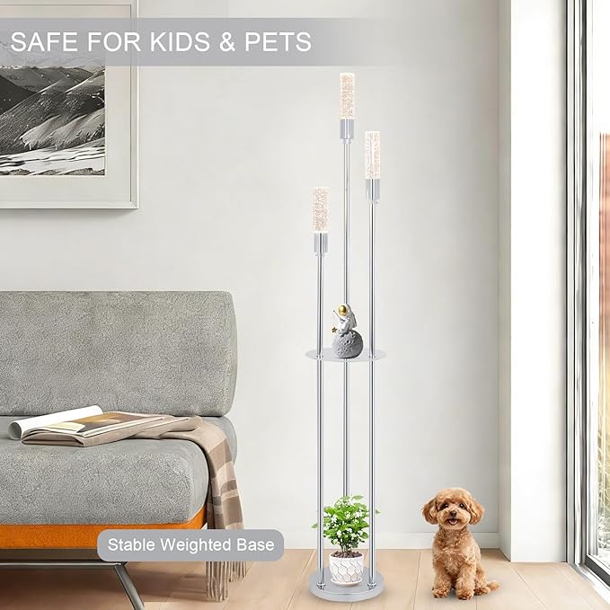 Bubble Crystal Floor Lamp with Shelves, 3 Lights Modern Standing Lamps for Living Room, Built-in LED Lights, Foot Switch, Industrial Tall Corner Floor Lamp for Bedroom Home Office, Silver