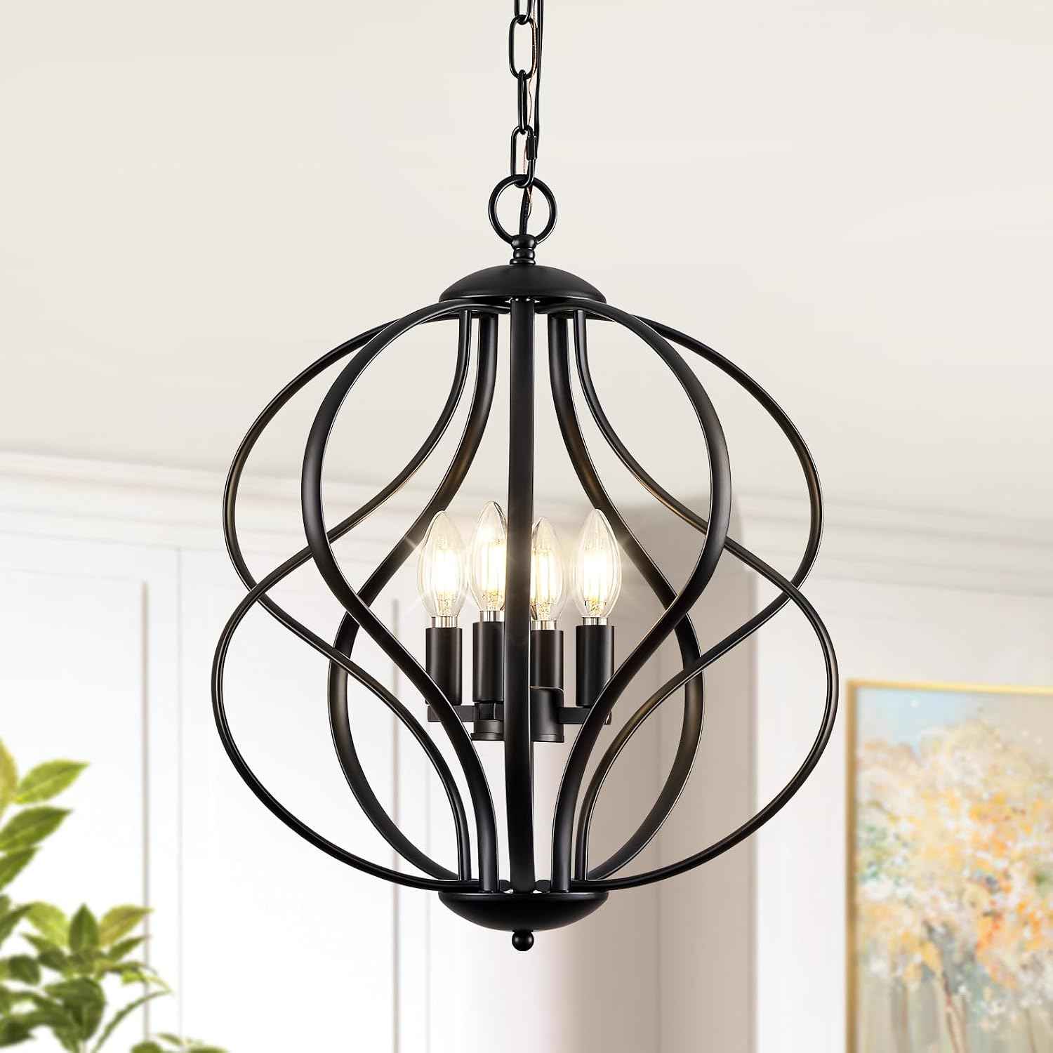 YURNYQ Modern Black Chandelier for Dining Room, 4 Lights Geometric Chandeliers, Sphere Chandelier Industrial Large Pendant Light Fixtures Hanging for Kitchen, Entryway, Foyer, Stairs
