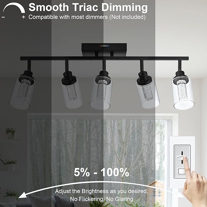 MELUCEE LED Ceiling Spotlight Kitchen Track Lighting Kits 5-Light Bathroom Vanity Light Black Wall Mounted Lamp with Flexibly Rotatable Light Heads, Built-in LED Chips, 5-Color Temperature Adjustable - Aura Lighting