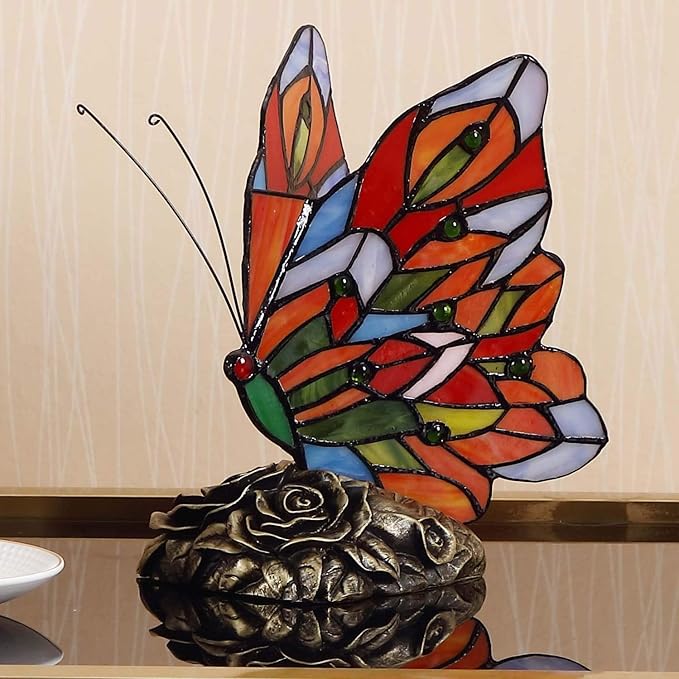 Bieye L10043 Butterfly Tiffany Style Stained Glass Accent Table Lamp (Multi-Colored F)