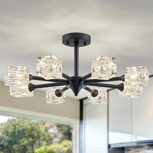 XINGQI Sputnik Chandeliers 8-Light Modern Black Glass Ceiling Light Fixture 23" Farmhouse Semi Flush Mount Ceiling Lighting for Dining Room Living Room Home Office Bedroom Hallway - Aura Lighting