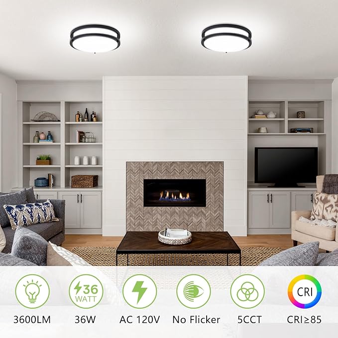 14 Inch Flush Mount Ceiling Light - 2 Pack 36W 3000K/3500K/4000K/5000K/6000K Dimmable Led Ceiling Light Fixture for Kitchen Hallway Bedroom Bathroom - Aura Lighting
