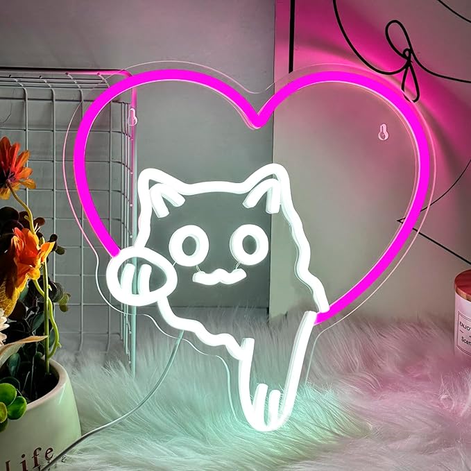 Cat Neon Sign Cute Pink Heart Cat LED Lights, Dimmable Animal Neon Sign for Wall Decor, Cat Lover Gift, Bedroom Wall Art, Living Room, Game Room, Pet Shop, Kawaii Home Accent(12.91 × 13.11 in)