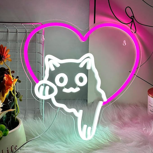 Cat Neon Sign Cute Pink Heart Cat LED Lights, Dimmable Animal Neon Sign for Wall Decor, Cat Lover Gift, Bedroom Wall Art, Living Room, Game Room, Pet Shop, Kawaii Home Accent(12.91 × 13.11 in)