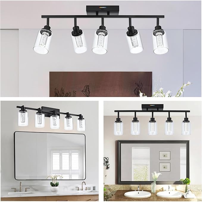 MELUCEE LED Ceiling Spotlight Kitchen Track Lighting Kits 5-Light Bathroom Vanity Light Black Wall Mounted Lamp with Flexibly Rotatable Light Heads, Built-in LED Chips, 5-Color Temperature Adjustable - Aura Lighting