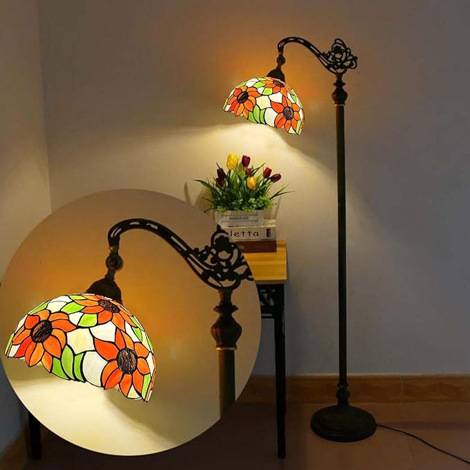 Tiffany Lamp Shade Replacement, 12" Stained Glass Sunflower Lampshades, Vintage Orange Yellow Blue Flower Light Cover Only 1-5/8-Inch Fitter Opening for Arched Floor Lamp Torchiere Lamp,Beige