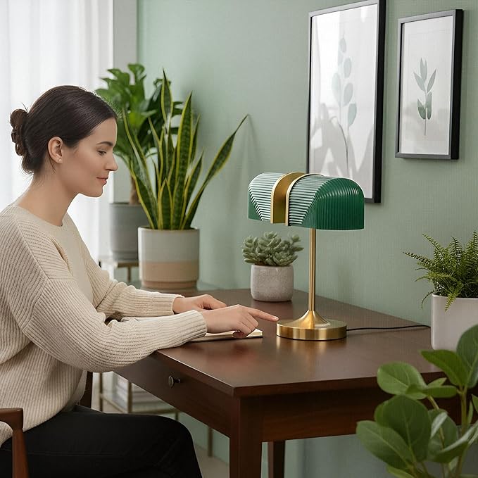 Vintage Milk Glass Bankers Desk Lamp - Dimmable Touch Control Bedside Lamp with USB A+C Charging Ports, for Bedroom Nightstand & Living Room, Bulb Included (Green)