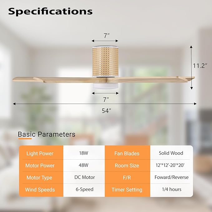 54" Ceiling Fan with Light - Low Profile Flush Mount Ceiling Fan, 6-Speed Remote Control, Solid Wood, Quiet Reversible DC Motor, Wood/White Finish, for Bedroom, Living Room, Porch - Aura Lighting