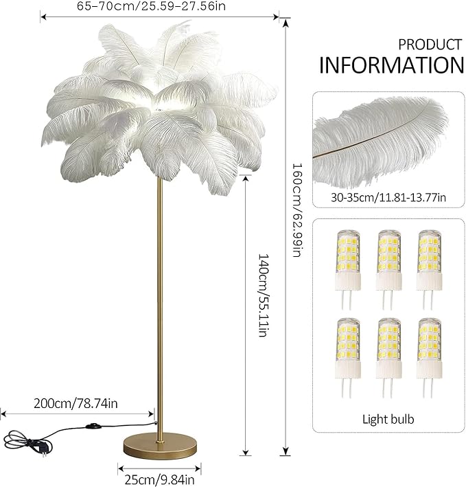 Ostrich Feather Floor Lamps, 3 Colors LED Bulb, Bedroom & Living Room Decorative Lamp (62.99 Inch High)