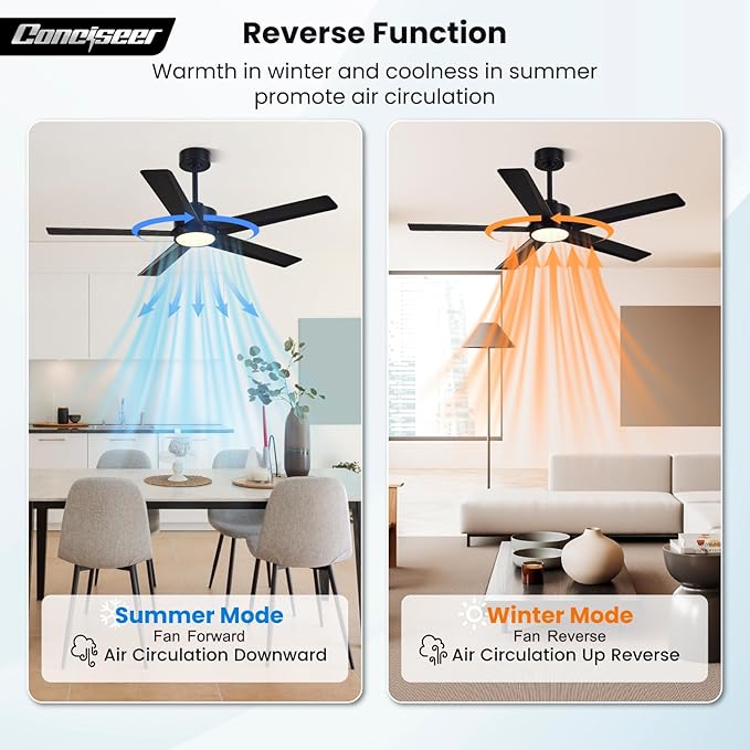 Modern Ceiling Fans with Lights,52 Inch Ceiling Fans with Remote for Bedroom Living Room Kitchen, 18W 3CCT Dimmable，5 Blades 6 Speed Reversible Quiet DC Motor Black