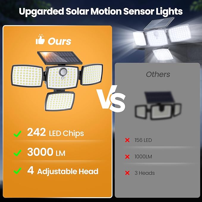 Onforu Solar Lights Outdoor 3000LM 4 Heads Motion Sensor Outdoor Lights, 3 Mode, Solar Security Wall Lights, IP65 Waterproof Flood Lights, Graden, Backyard, 2 Pack