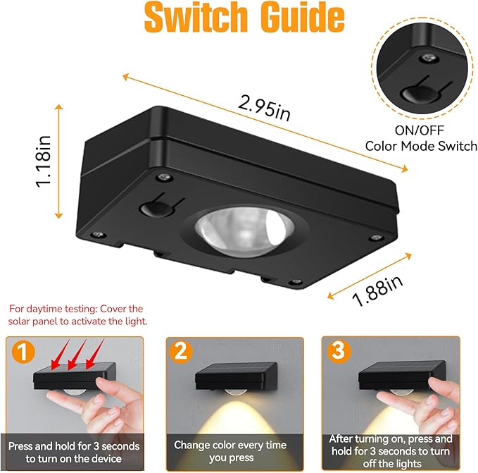 Solar Lights Outdoor,3-Color Solar Fence Lights,Solar Lights Outdoor Waterproof,Auto On/Off,Ip44 Abs Material,30h Runtime No Wiring Needed,Suitable for Gardens,Paths,Fences,Steps.(6P)