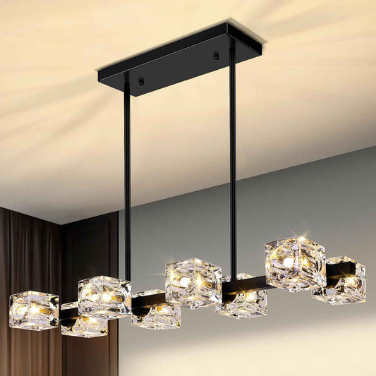 Black Chandeliers for Dining Room, Modern Crystal Pendant Lights Fixture with Cube Shade, 8-Lights Farmhouse Hanging Dining Light Fixtures Over Table for Kitchen Island, Living Room, Bedroom (G9 Base)