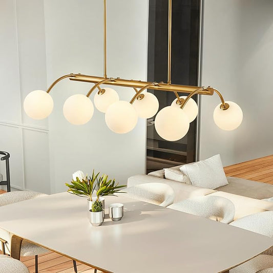Modern Globe Kitchen Island Lights,Mid Century Bubble Glass Island Light Fixture,8-Light Gold Sputnik Chandeliers,Milk Glass Chandelier for Dining Room,Living Room,Bedroom