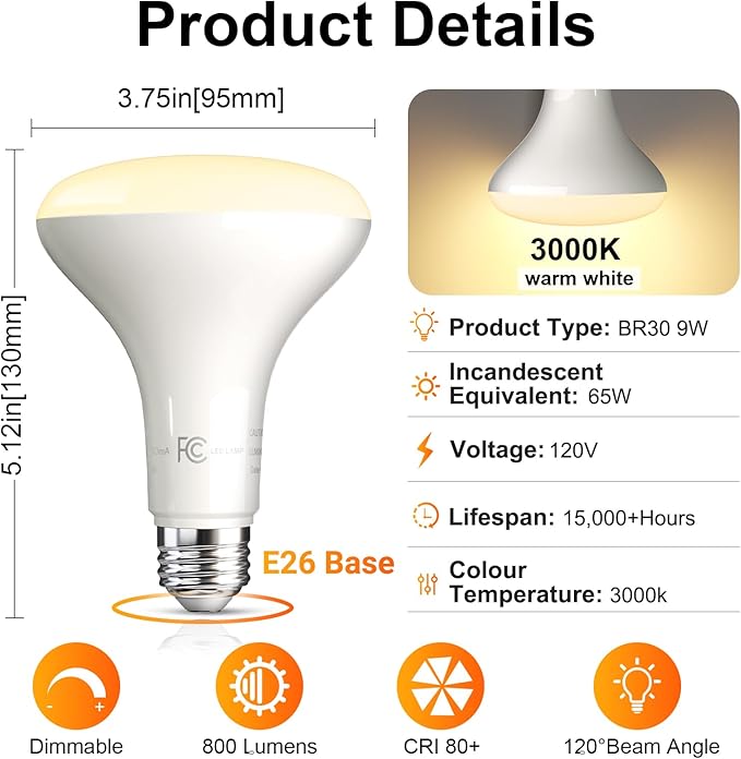 TJOY 12 Pack BR30 Led Bulb 65W Equivalent, Dimmable Flood Light Bulbs Indoor, E26 Base, 3000K Warm White, 9W, 800 LM, Recessed Lighting Bulbs for Ceiling, Recessed Can, Living Room and Kitchen