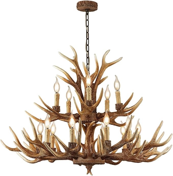 15-Light Farmhouse Antler Chandelier, Rustic Vintage Art Deco Ceiling Fixture - LED Bulbs Compatible for Living Room, Kitchen, Hallway & Entryway (10+5 Lamp arms+3 arms) - Aura Lighting