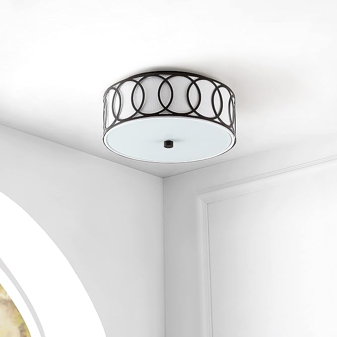 JONATHAN Y 12.25" Oil Rubbed Bronze Modern Metal LED Flush Mount Ceiling Light for Bedroom Hallway, White Linen Drum Shade with Geometric Fretwork, LED Bulbs Included (JYL3502C)