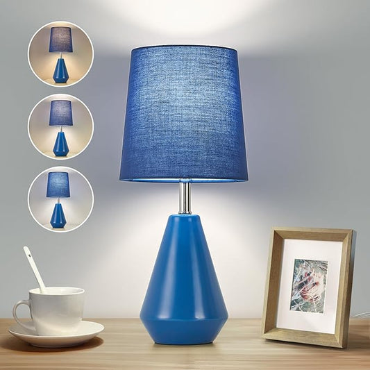 Small Bedside Table Lamp for Bedroom - Reading Desk Lamp with 3 Color Temperatures，15.5" Nightstand Ceramic Lamp with Fabric Shade for Kids Room,Living Room,Dorm,Home Office (Blue)