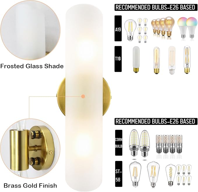 DAYCENT Modern Brass Wall Sconces Set of Two Frosted Glass Wall Light Fixture 2-Light Cylinder Bathroom Vanity Lights Gold Glass Sconces Wall Lighting for Hallway Bedroom Staircase - Aura Lighting