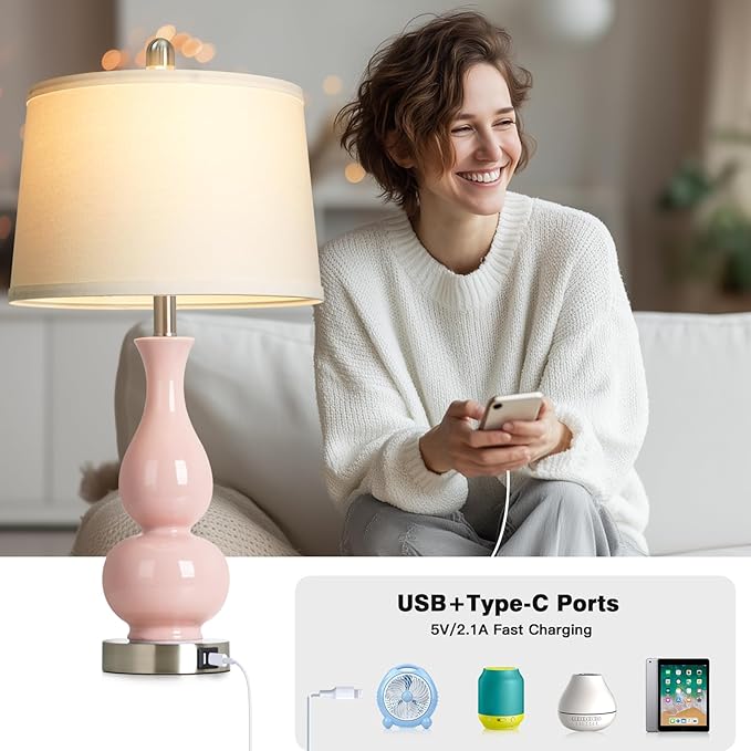 27" Pink Double Gourd Ceramic Lamps for Bedroom, Modern Ceramic Living Room Lamp with USB A+C Ports, Cute Bedside Table Lamps Set of 2, Tall Lamp for Night Stand Side End Table Home Decor