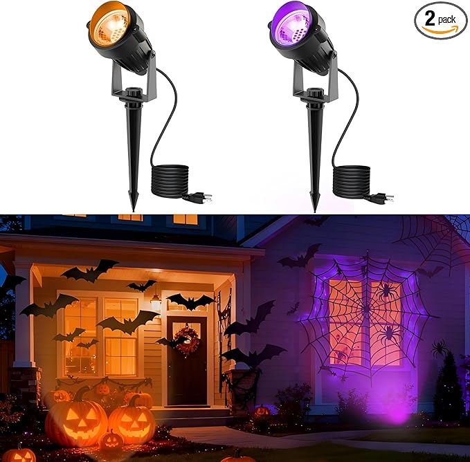 L LOHAS LED Halloween Orange and Purple Spotlights Outdoor, Auto On/Off 5W 120V Landscape Lighting for for House, Holiday, Trees, Decoration, 450LM IP66 Waterproof, UL Listed, 2 Pack - Aura Lighting