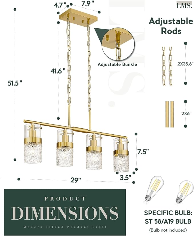 LMS 4-Light Brushed Gold Island Chandelier Lights for Kitchen, Mid Century Pendant Light with Hammered Glass Shade, Farmhouse Dining Room Light Fixture, Kitchen Island, LMS-171GD-4 - Aura Lighting