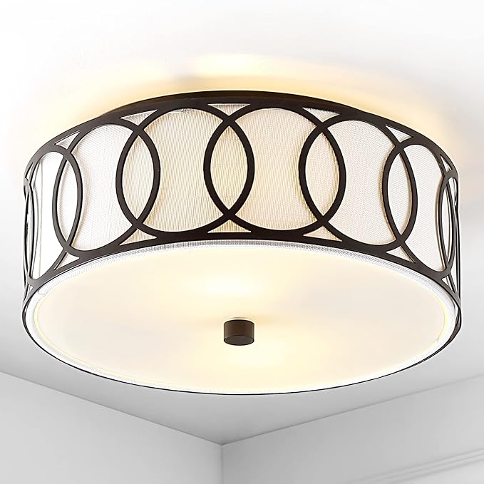 JONATHAN Y 12.25" Oil Rubbed Bronze Modern Metal LED Flush Mount Ceiling Light for Bedroom Hallway, White Linen Drum Shade with Geometric Fretwork, LED Bulbs Included (JYL3502C)
