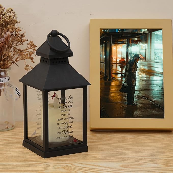 Sympathy Gifts for Loss of Loved One, Memorial Gift Lantern with Card, Bereavement Gift Candle Lights, Memory Lamp with Remote for Funeral Remembrance or Condolences (Black)