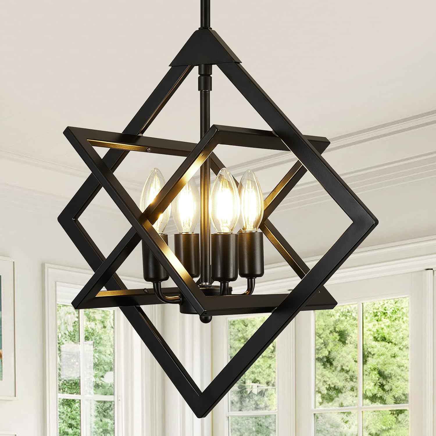 18" Modern Black Chandelier for Dining Room, No Assembly Required 4-Light Dining Room Light Fixture Over Table, Industrial Metal Hanging Pendant Lights Fixture for Kitchen Island, Entryway, Foyer