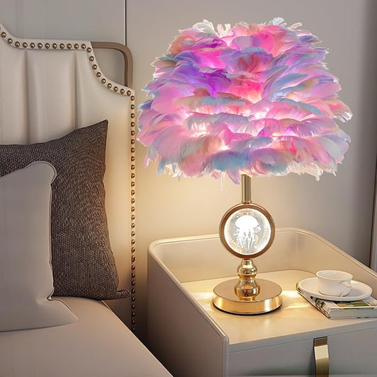 Colorful Feather Lamp Modern Crystal Table Lamp Fluffy Bedside Lamp Romantic Nightstand Light Cute Princess Desk Lamp for Teen Girl Wedding Deco Bedroom Living Room Entryway - Aura Lighting