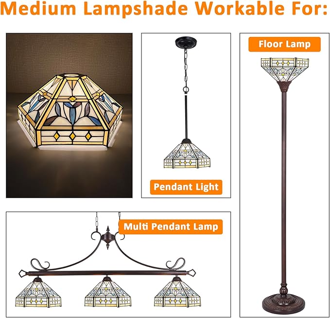 Capulina Tiffany Lamp Shade 12 Inches Wide Accessories Replacement Mission Hexagon Style Stained Glass Lampshade for Torchiere Floor Lamp and Pendant Light