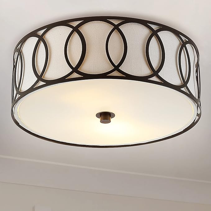 JONATHAN Y 12.25" Oil Rubbed Bronze Modern Metal LED Flush Mount Ceiling Light for Bedroom Hallway, White Linen Drum Shade with Geometric Fretwork, LED Bulbs Included (JYL3502C)