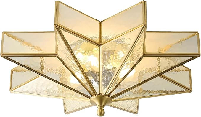 Star Brass Vintage Ceiling Light - 19.7 Inch Large Hammered Glass Antique Brushed Gold Flush Mount Fixture, Mid Century Art Deco Overhead Lighting for Kitchen Hallway Bedroom Bathroom Laundry Entryway