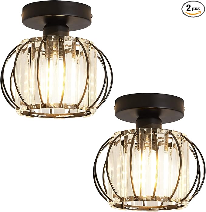 YYJLX 2 Pack Semi Flush Mount Ceiling Light Fixture Modern Small Crystal Chandelier Mini Indoor Ceiling Lamp for Bathroom Hallway Foyer Porch Hall Closet（Black）