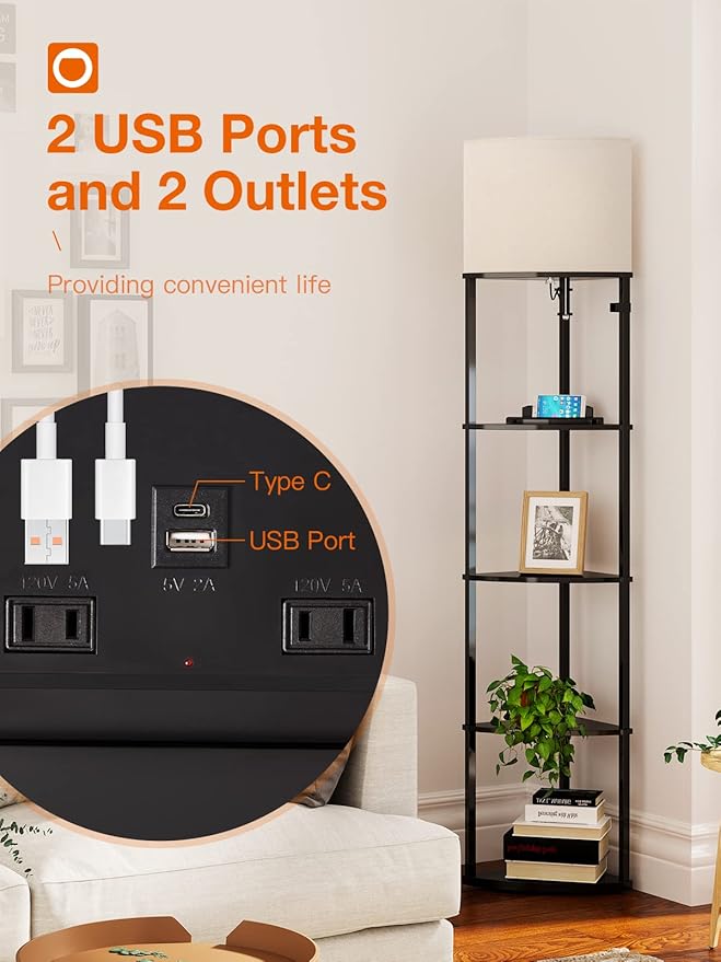 addlon 5-Tier Corner Shelf Floor Lamp with Type C, USB Port & 1 Power Outlet and 3CCT LED Bulb, Modern Display Lamp for Narrow Corner Bookshelf lamp for Living Room, Bedroom, Office - Black