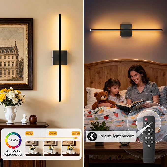 ZZXX Wall Sconce Set of 2, Wall Lights with Remote Control, Bathroom Wall Lamp for Living Room Bedroom Mirror Cabinet Porch Decor 100-240V 350°Horizontal Rotation 28 inch