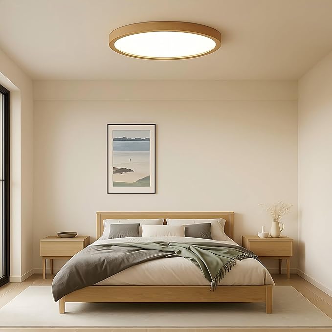 Ultra-Thin LED Ceiling Light Fixture 20.47", Handcrafted Natural Wood Modern Wabi-Sabi Style, Slim 2.5cm Profile, 37W LED 3000K-4000K-6000K, Round Minimalist Lamp for Bedroom Kitchen Hallway
