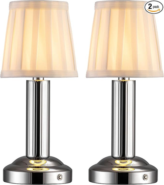 Small Cordless Table Lamp 2 Pack, 11.4" H Fabric Shade Touch Lamps, 4000mAh Rechargeable Battery Powered Lamp, Mini Bedside Lamp for Buffet, Dining Room, Bedroom, Bar (Silver)