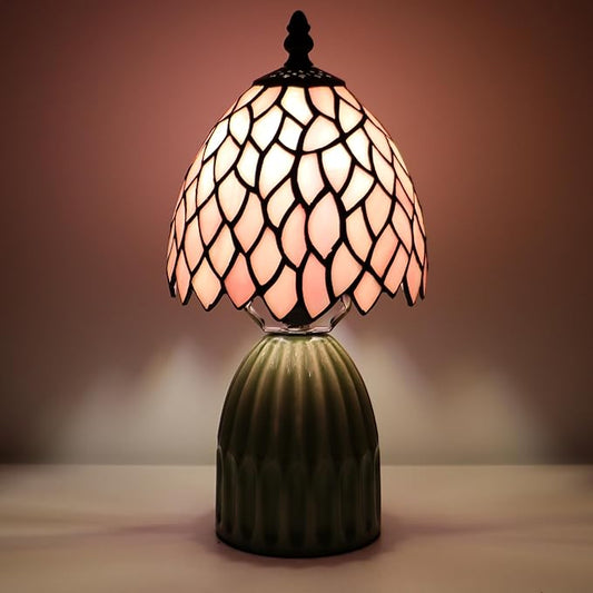 Tiffany Lamp Stained Glass Mushroom Table Lamps 6X6X12.5 Inch Pink Leaf Style Small Night Light Ceramic Base Mini Accent Desk Light Suitable for Bedside Table Bedroom Children Room