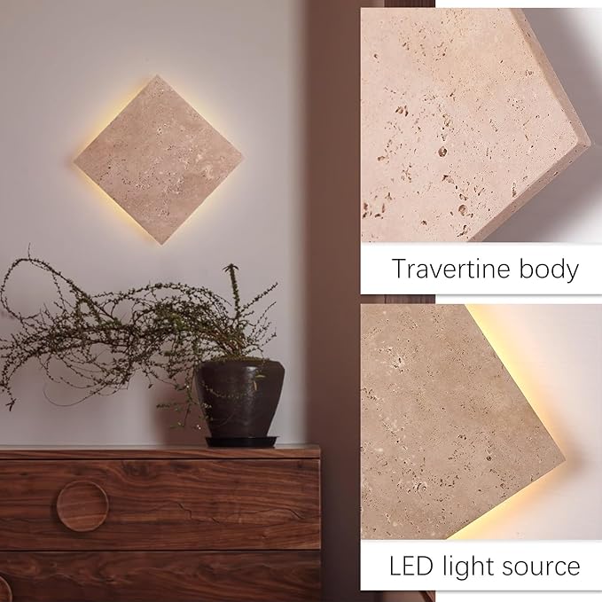 Japanese Style Wabi-Sabi Art Decor Lighting Fixture, Square Natural Stone LED Wall Sconce, Nordic Modern Marble Wall Light, Yellow Travertine Wall Lamp for Bedroom Entryway Living Room