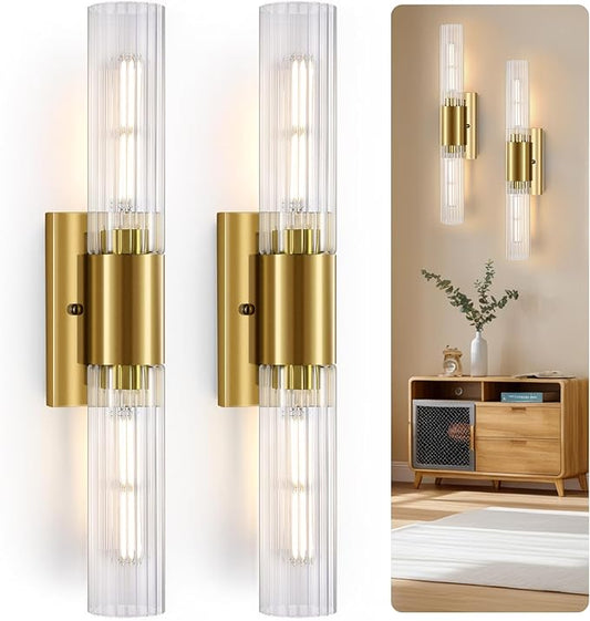 21" Gold Bathroom Sconces Set of 2 , Modern Wall Sconces Set of Two with Threaded Glass, Hardwired Up Down Wall Lighting Vanity Fixtures for Bedroom Bathroom Living Room Hallway (Bulb Not Included) - Aura Lighting