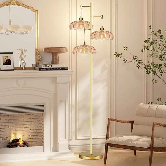 Floor Lamp for Living Room,Bedroom,Gold Mid Century Modern Standing Lamp Brass Tree 3 Light Tall Floor Lamps Vintage Retro Floor Lights Glass Flower Lamp Shade Farmhouse Boho Bohemian