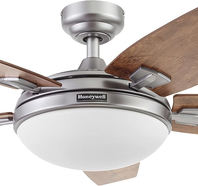 Honeywell Ceiling Fans Carmel Modern 48 Inch Ceiling Fan with Light, Remote Control Fan, LED Indoor Fan with 5 Blades, Gray Oak and Brown Chestnut Blade Finish Options, Silver (51627-01)
