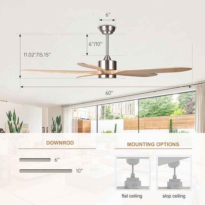 reiga 60 Inch Large DC Motor Outdoor Ceiling Fan with Dimming LED Light Kit, Alexa, Google Home, App and Remote Control, 5 Natural Wood Propeller Blades for Patio Garage Farmhouse and Porch - Aura Lighting