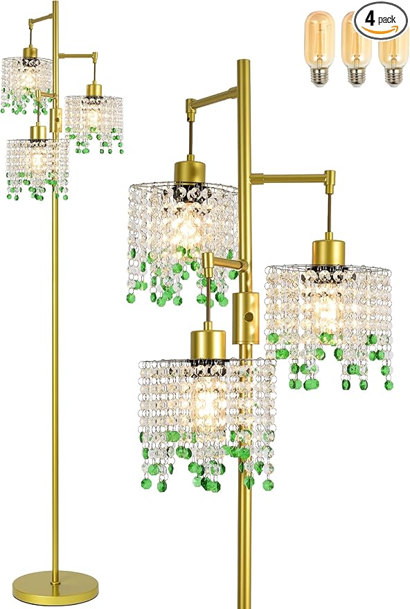 64" Crystal Floor Lamp with 3 Lights, Elegant Crystal Floor Lamp, Modern Standing Lamp, Gold Metal Base, K9 Crystal Beads with Green Accentsfor Living Room, Bedroom, Office