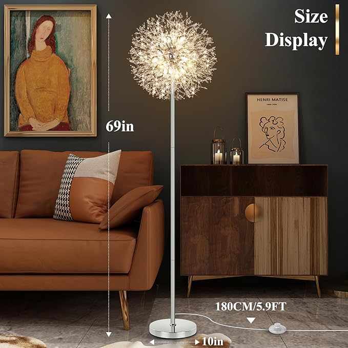 BesLowe 69'' Crystal Floor Lamp for Living Room, Modern Standing Lamp with 738PCS K9 Crystals, Tall Lamp Pole Light for Bedroom Office, Mid Century Silver Floor Lighting with 9 LED Bulbs, Chrome