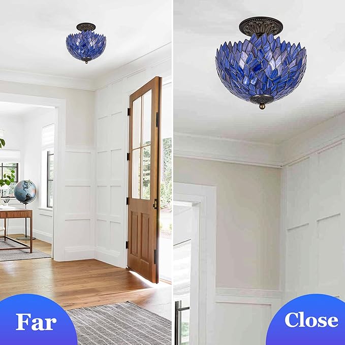 Wisteria Style Tiffany Ceiling Light Fixture Stained Glass Semi Flush Mount Lamp Wide 12 Inch Height 11 Inch Vintage Inspired Lighting Statement for Bedroom Hallway Entryway (Deep Blue)