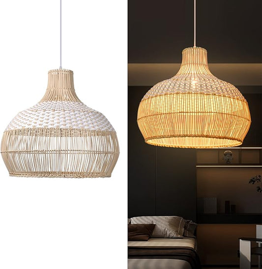 Arturesthome 1 Light White Rattan Pendant Light, Wicker Hanging Ceiling Light Chandelier, Handmade Woven Lampshade for Kitchen Island